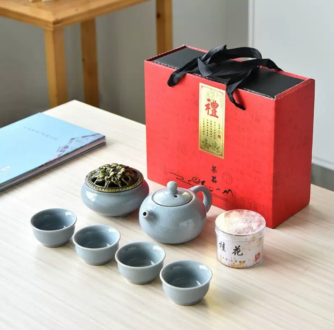 国潮哥窑功夫茶具一壶四杯配香炉（红色礼盒3）