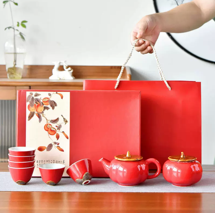 柿柿如意茶具（红色一壶六杯+茶叶罐）